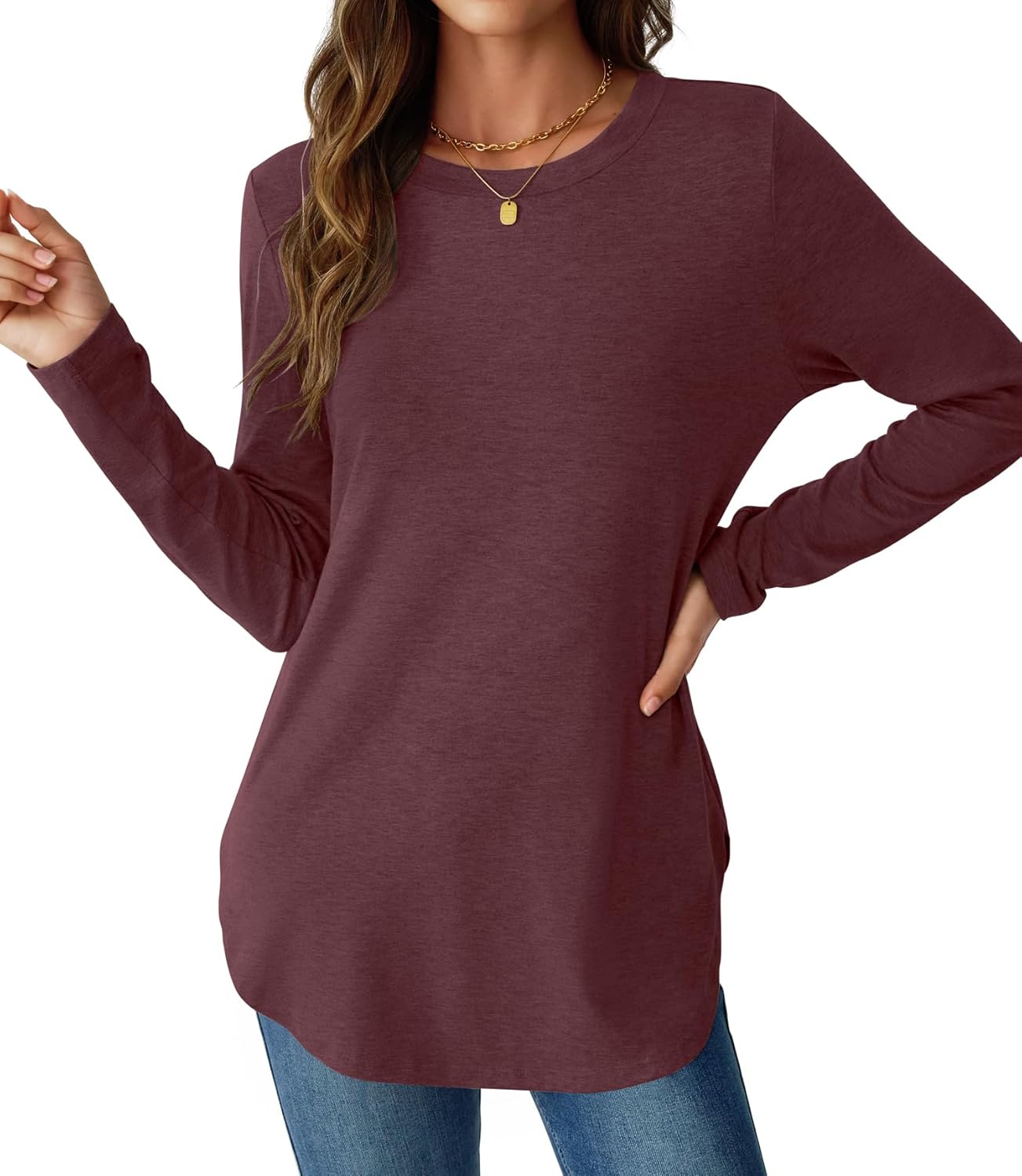 NORACORA Women Long Sleeve Shirts Loose Tunic Crew Neck Lightweight Side Split Casual 2026 Spring Trendy Basic Tshirts Blouse