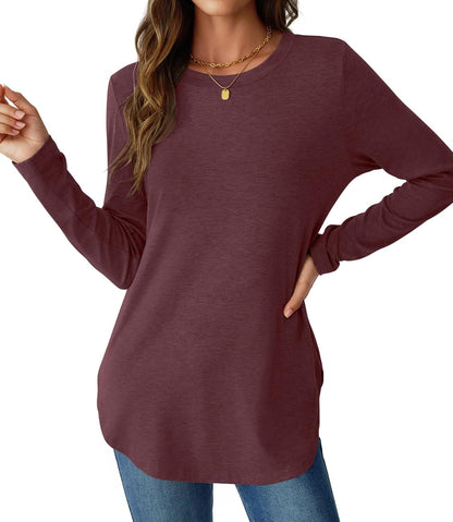 NORACORA Women Long Sleeve Shirts Loose Tunic Crew Neck Lightweight Side Split Casual 2026 Spring Trendy Basic Tshirts Blouse