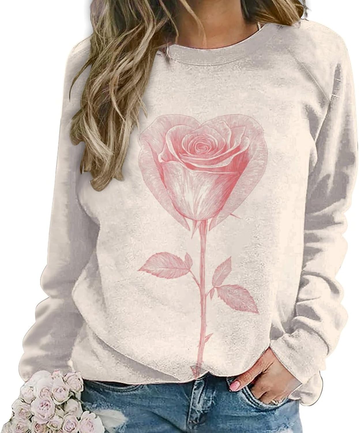 LOAIHA Valentine's Day Sweatshirt Women Flower Love Heart Graphic Shirts Long Sleeve Crewneck Sweatshirts Y2k Hoodie