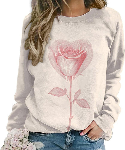 LOAIHA Valentine's Day Sweatshirt Women Flower Love Heart Graphic Shirts Long Sleeve Crewneck Sweatshirts Y2k Hoodie
