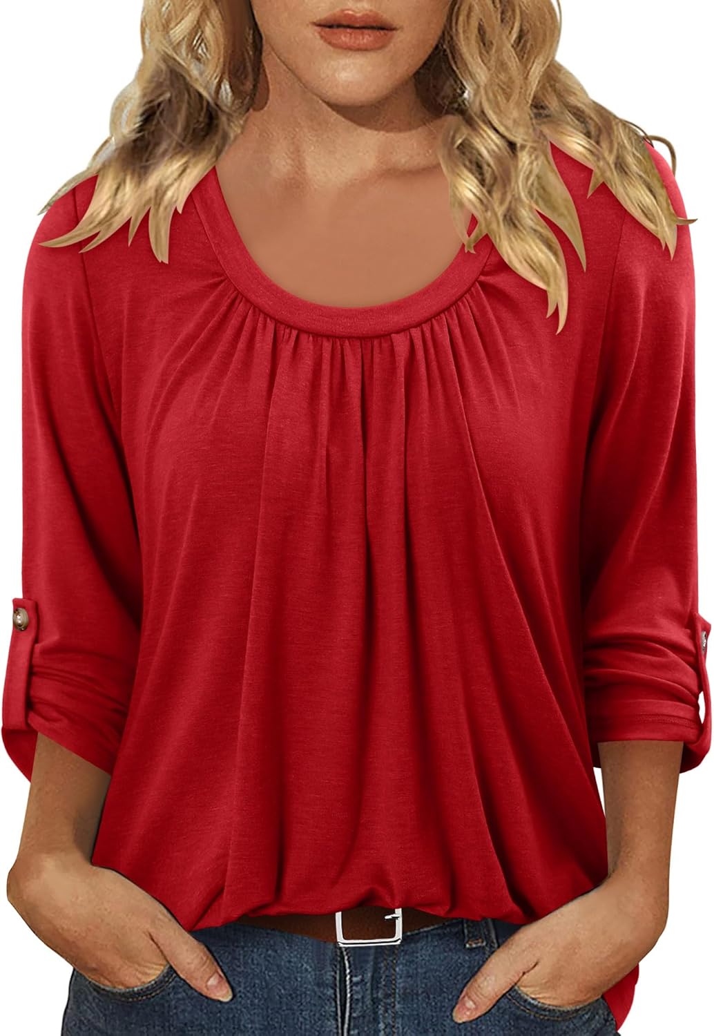 CRAZY GRID 3/4 Length Sleeve Women Tops Crewneck Pleated Cute Blouses Dressy Casual Summer T Shirts Loose Fit