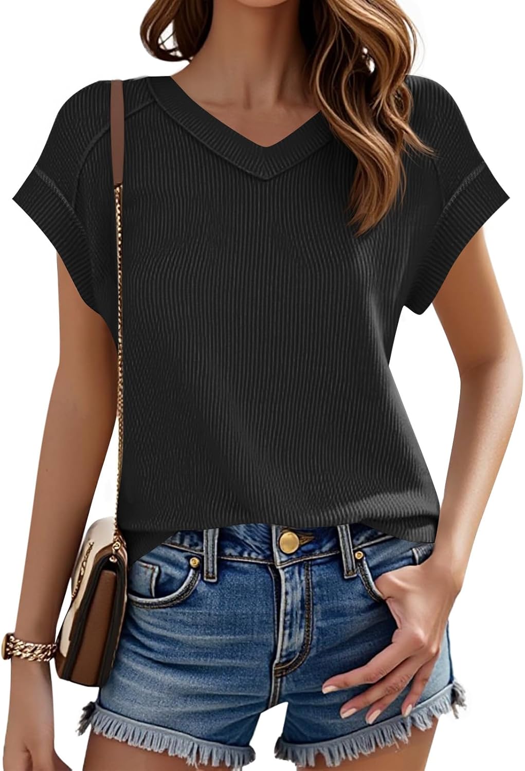 Tankaneo Womens Oversized V Neck Tshirts Summer Ribbed Knit Short Sleeve Tunic Tops Casual Loose Fit Tee Shirts