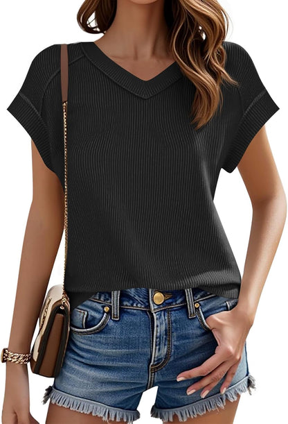 Tankaneo Womens Oversized V Neck Tshirts Summer Ribbed Knit Short Sleeve Tunic Tops Casual Loose Fit Tee Shirts