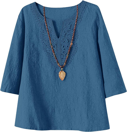 LOMON Womens 3/4 Sleeve Tops Cotton Linen Shirts V Neck Lace Casual Loose Fit Blouses Boho Fashion