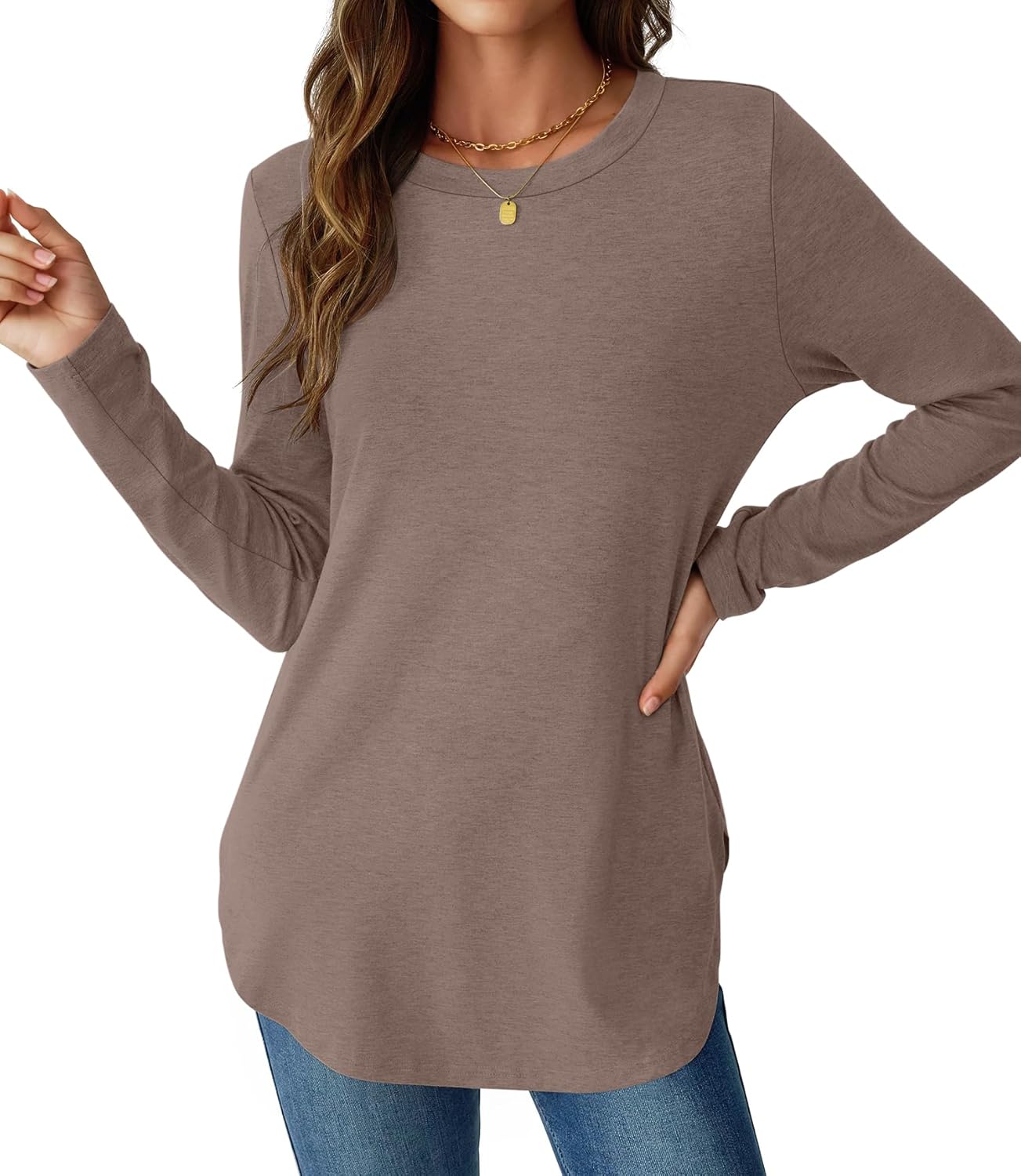 NORACORA Women Long Sleeve Shirts Loose Tunic Crew Neck Lightweight Side Split Casual 2026 Spring Trendy Basic Tshirts Blouse