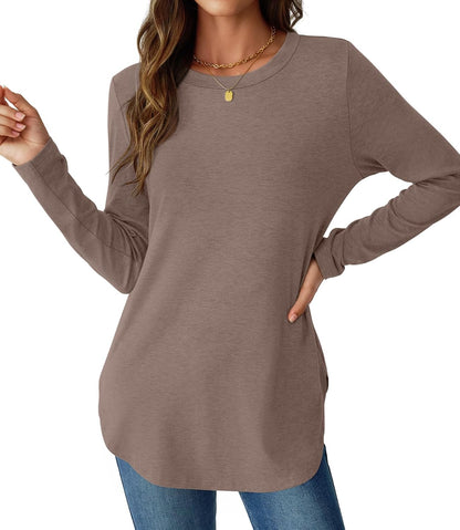NORACORA Women Long Sleeve Shirts Loose Tunic Crew Neck Lightweight Side Split Casual 2026 Spring Trendy Basic Tshirts Blouse