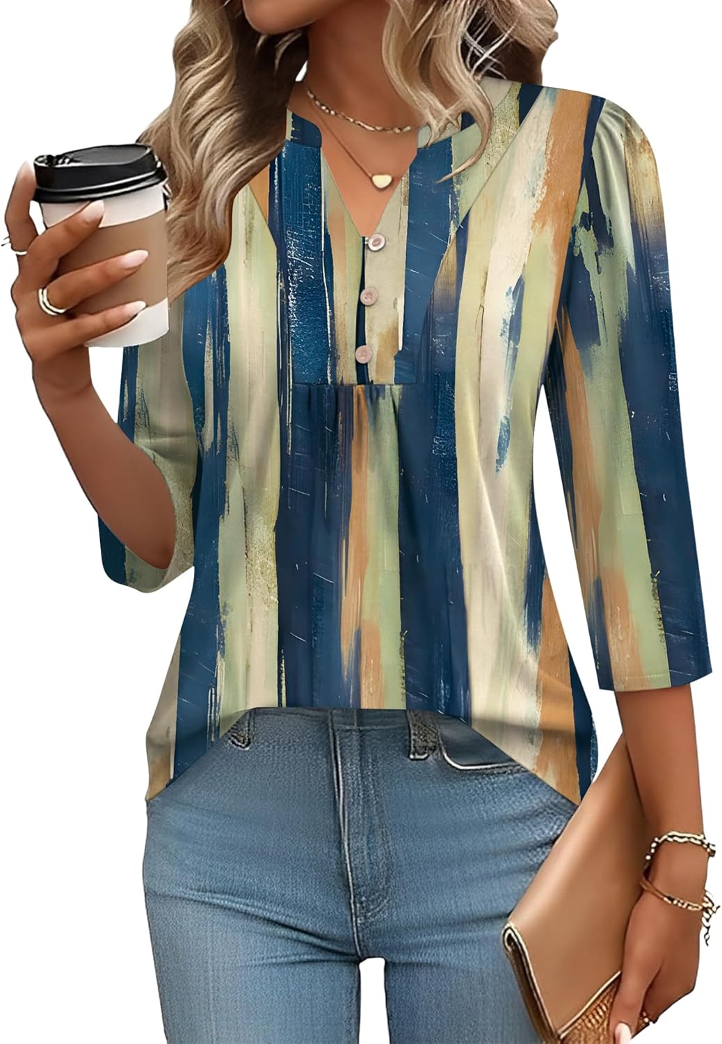IECCP 3/4 Length Sleeve Womens Tops Dressy Casual Henley V-Neck Summer Tops Pleated T-Shirts Loose Fit Work Blouses