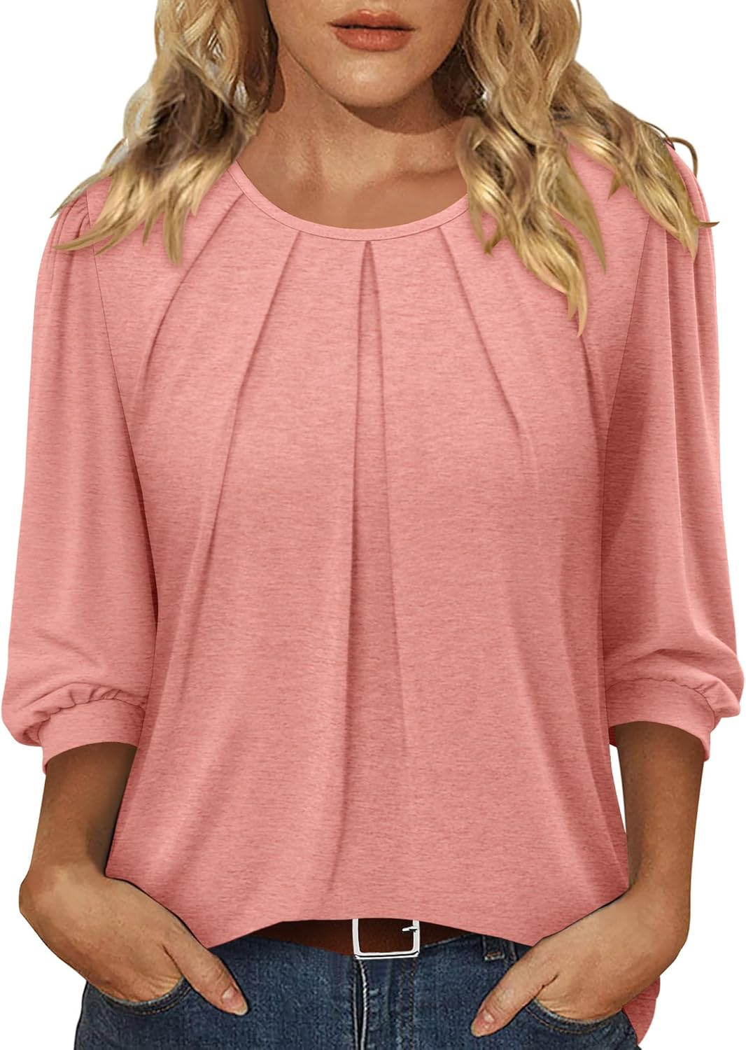CRAZY GRID 3/4 Length Sleeve Women Tops Crewneck Pleated Cute Blouses Dressy Casual Summer T Shirts Loose Fit