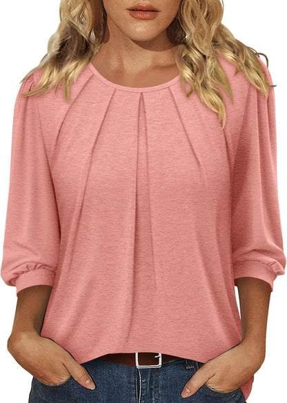 CRAZY GRID 3/4 Length Sleeve Women Tops Crewneck Pleated Cute Blouses Dressy Casual Summer T Shirts Loose Fit