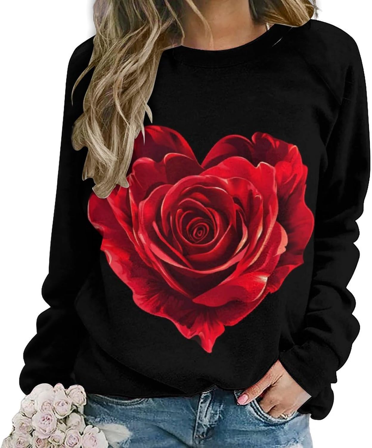 LOAIHA Valentine's Day Sweatshirt Women Flower Love Heart Graphic Shirts Long Sleeve Crewneck Sweatshirts Y2k Hoodie
