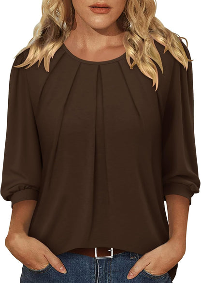 CRAZY GRID 3/4 Length Sleeve Women Tops Crewneck Pleated Cute Blouses Dressy Casual Summer T Shirts Loose Fit