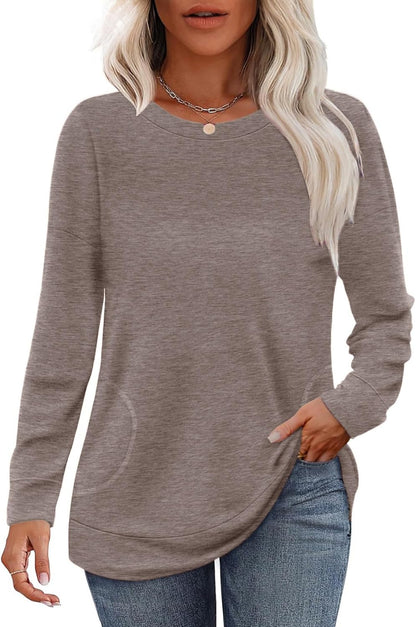 Long Sleeve Shirts for Women Casual Crewneck Sweatshirt 2025 Trendy Loose Basic Tunic Tops