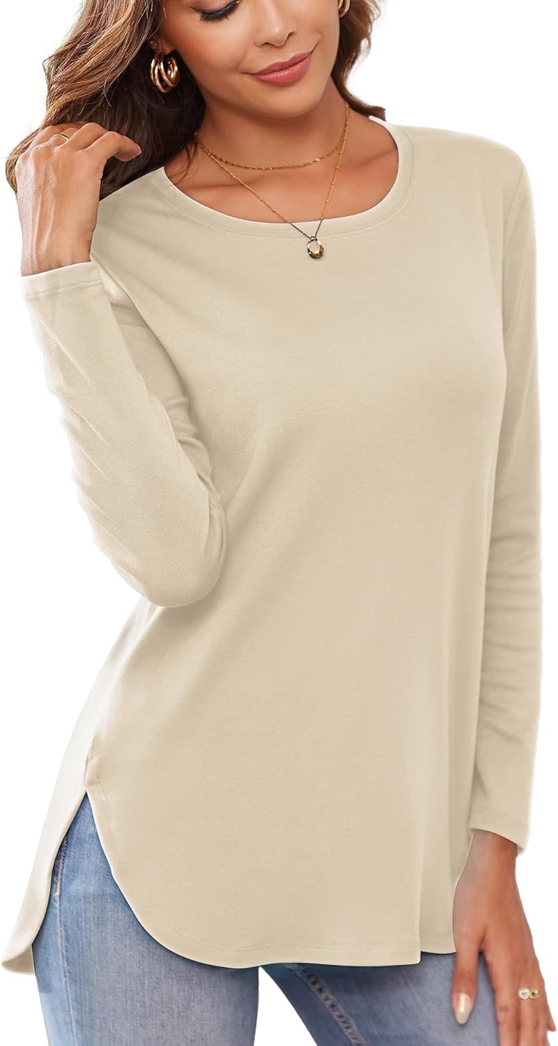 Herou Women's Casual Long/Short Sleeve T Shirt Crewneck with Side Split Fall Pullover Loose Tunic Sweater Tops