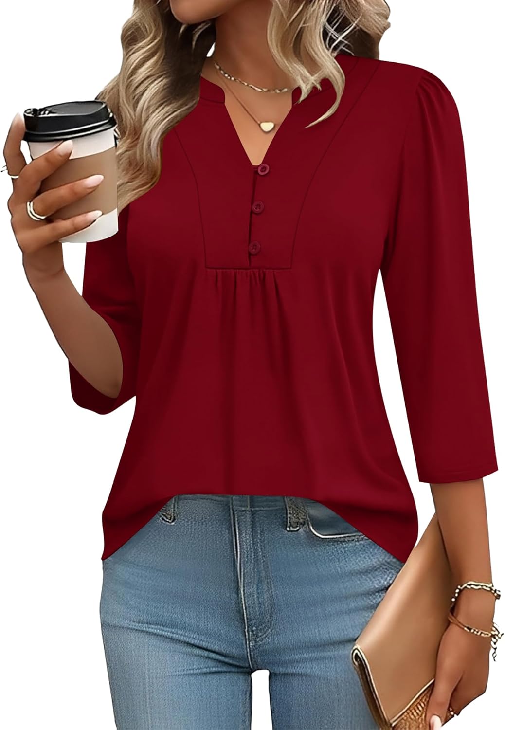 IECCP 3/4 Length Sleeve Womens Tops Dressy Casual Henley V-Neck Summer Tops Pleated T-Shirts Loose Fit Work Blouses