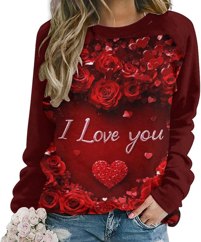 LOAIHA Valentine's Day Sweatshirt Women Flower Love Heart Graphic Shirts Long Sleeve Crewneck Sweatshirts Y2k Hoodie