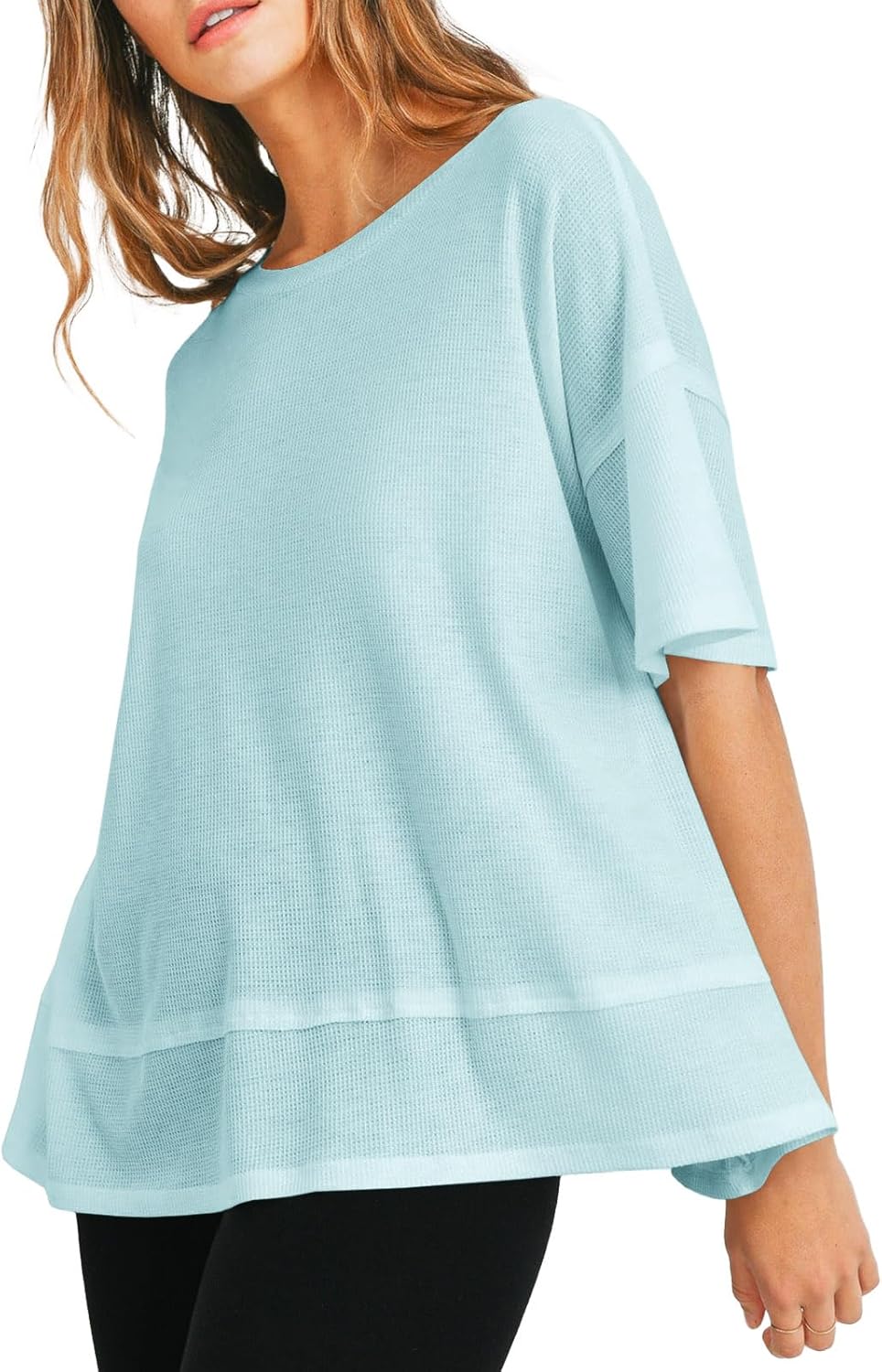 Tankaneo Womens Oversized Knit Tunic Tops Summer Casual Short Sleeve Round Neck T Shirt Loose Fit Side Split Waffle Tees