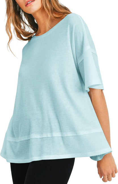 Tankaneo Womens Oversized Knit Tunic Tops Summer Casual Short Sleeve Round Neck T Shirt Loose Fit Side Split Waffle Tees