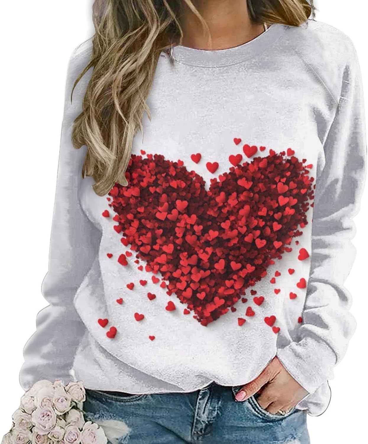 LOAIHA Valentine's Day Sweatshirt Women Flower Love Heart Graphic Shirts Long Sleeve Crewneck Sweatshirts Y2k Hoodie