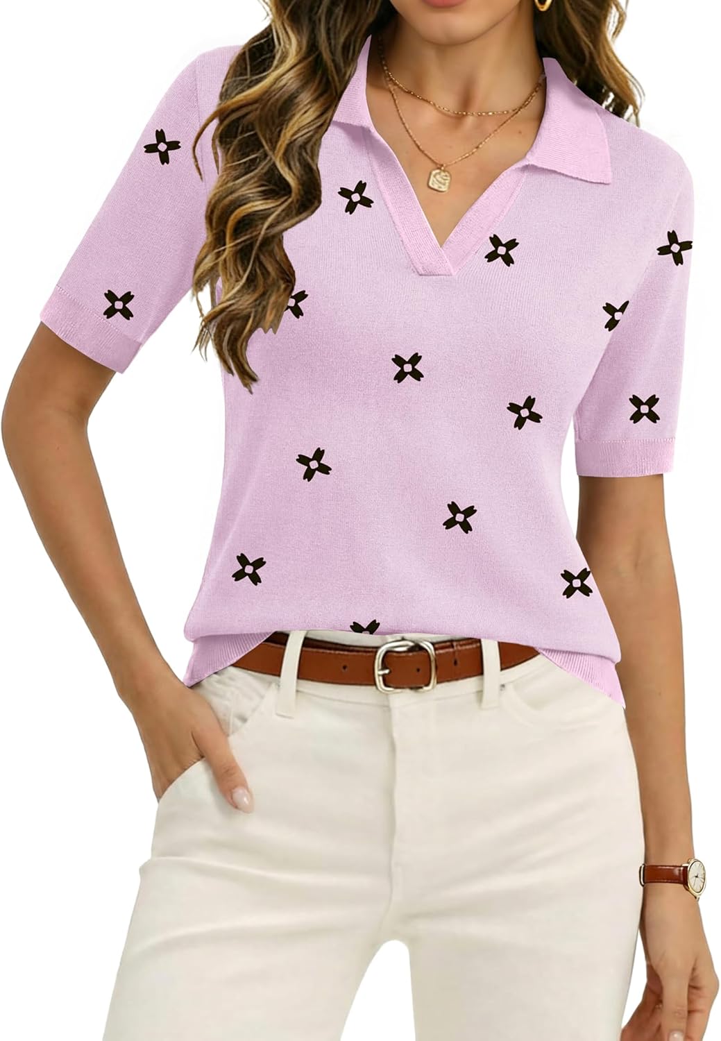 Zeagoo Womens Polo Sweater Short Sleeve V Neck Knitted Business Casual Office Tops Spring Pullover