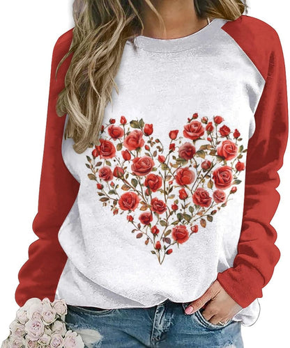LOAIHA Valentine's Day Sweatshirt Women Flower Love Heart Graphic Shirts Long Sleeve Crewneck Sweatshirts Y2k Hoodie
