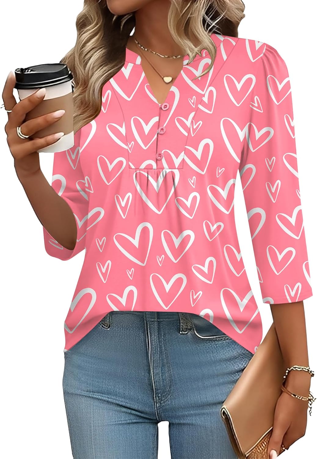 IECCP 3/4 Length Sleeve Womens Tops Dressy Casual Henley V-Neck Summer Tops Pleated T-Shirts Loose Fit Work Blouses