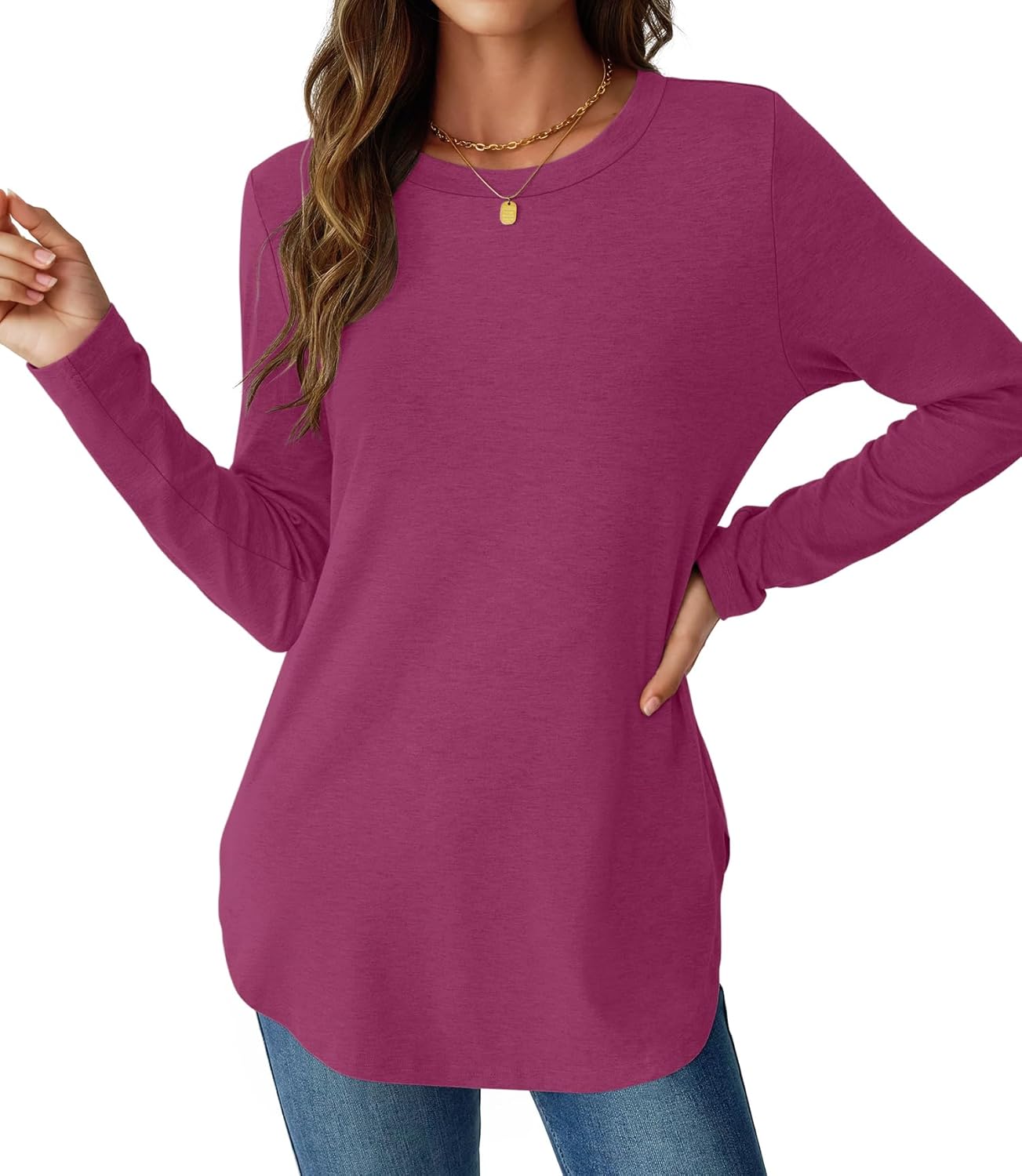 NORACORA Women Long Sleeve Shirts Loose Tunic Crew Neck Lightweight Side Split Casual 2026 Spring Trendy Basic Tshirts Blouse