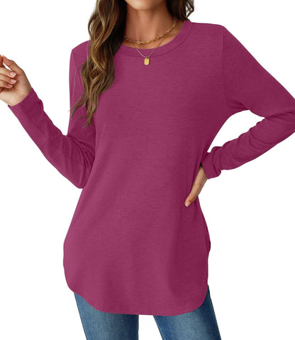 NORACORA Women Long Sleeve Shirts Loose Tunic Crew Neck Lightweight Side Split Casual 2026 Spring Trendy Basic Tshirts Blouse