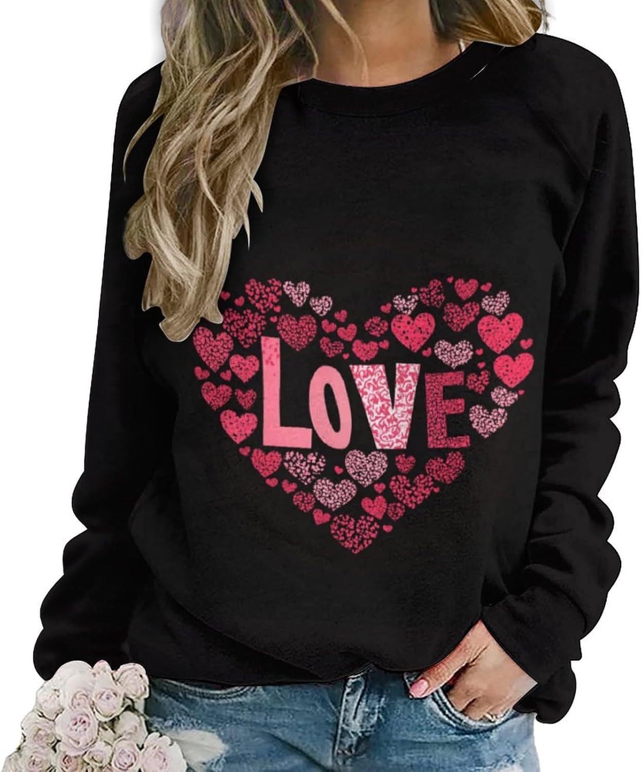 LOAIHA Valentine's Day Sweatshirt Women Flower Love Heart Graphic Shirts Long Sleeve Crewneck Sweatshirts Y2k Hoodie