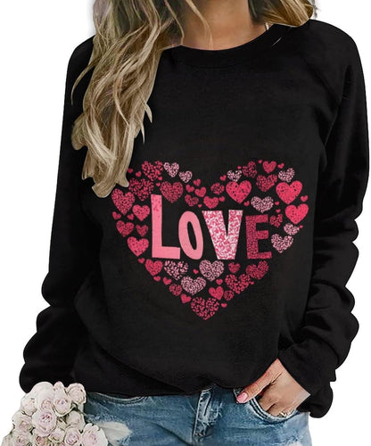LOAIHA Valentine's Day Sweatshirt Women Flower Love Heart Graphic Shirts Long Sleeve Crewneck Sweatshirts Y2k Hoodie