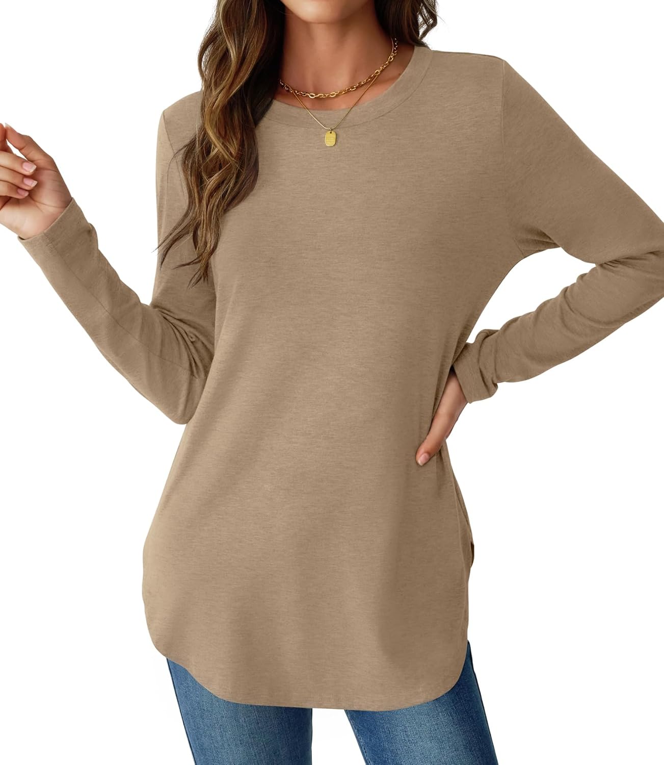 NORACORA Women Long Sleeve Shirts Loose Tunic Crew Neck Lightweight Side Split Casual 2026 Spring Trendy Basic Tshirts Blouse