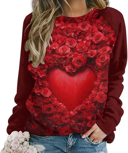 LOAIHA Valentine's Day Sweatshirt Women Flower Love Heart Graphic Shirts Long Sleeve Crewneck Sweatshirts Y2k Hoodie