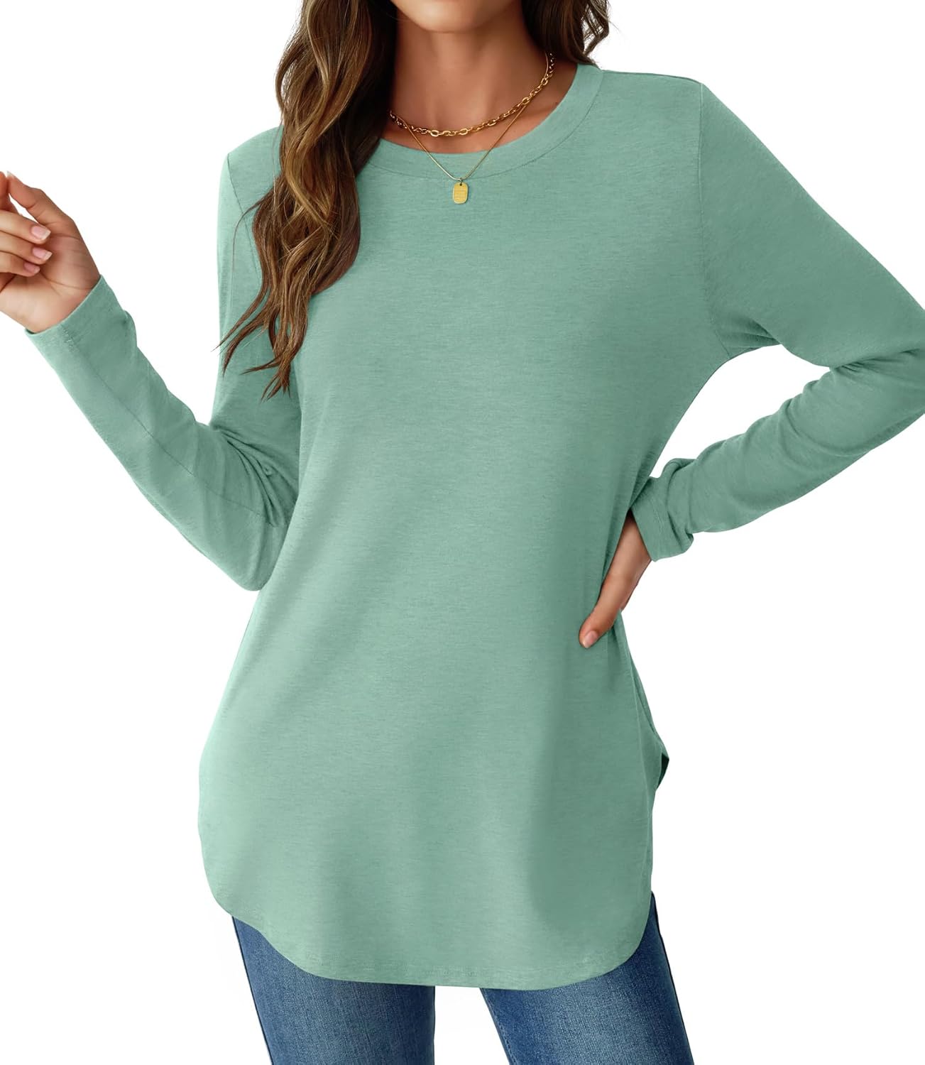 NORACORA Women Long Sleeve Shirts Loose Tunic Crew Neck Lightweight Side Split Casual 2026 Spring Trendy Basic Tshirts Blouse