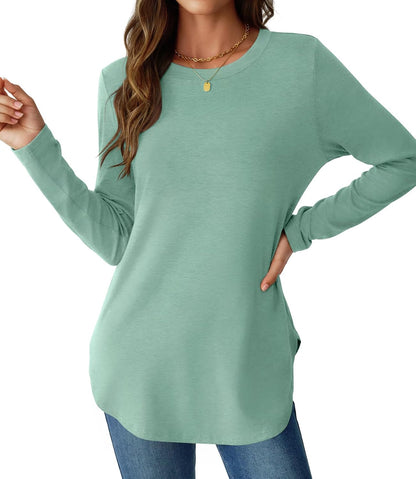 NORACORA Women Long Sleeve Shirts Loose Tunic Crew Neck Lightweight Side Split Casual 2026 Spring Trendy Basic Tshirts Blouse