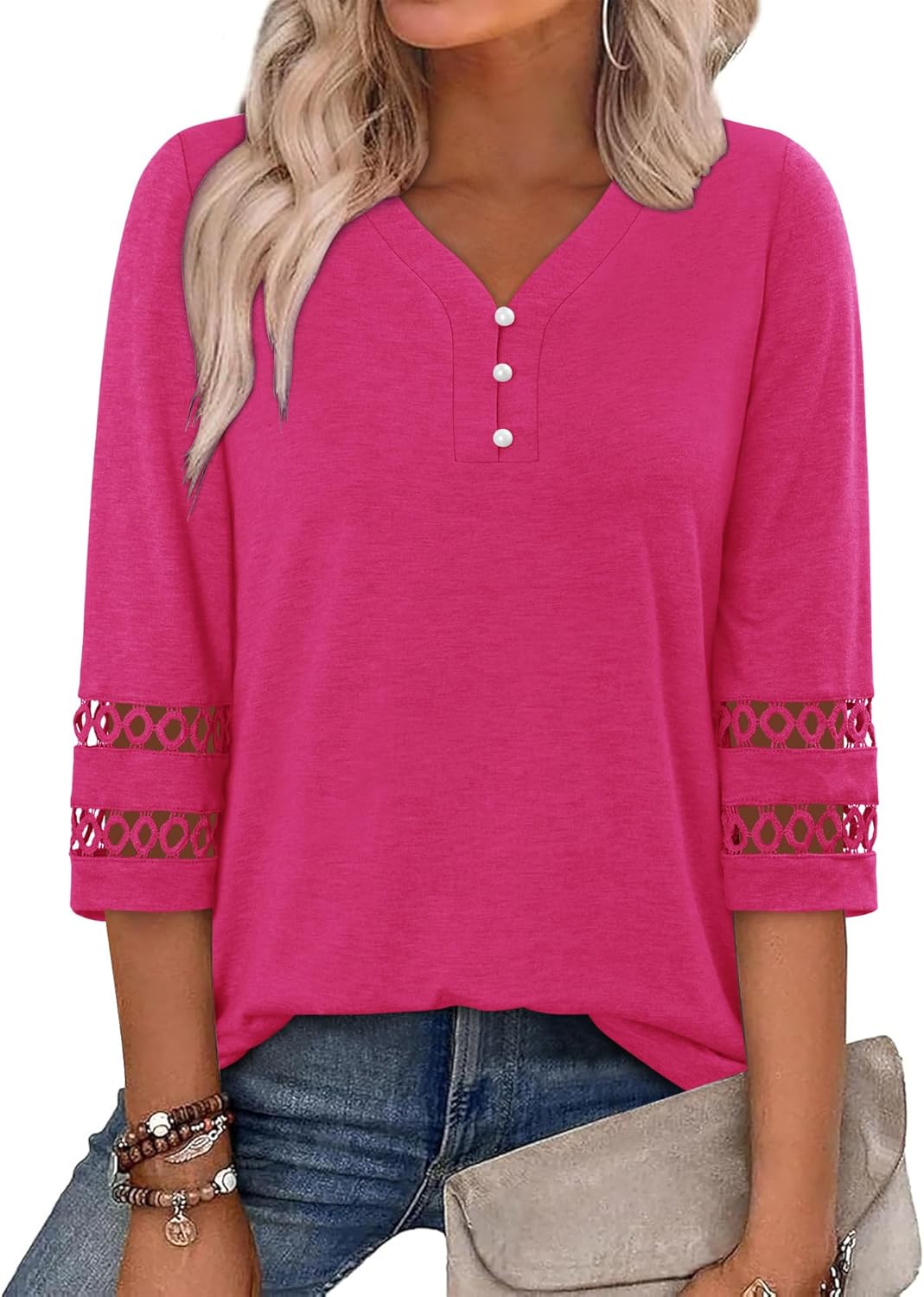 CRAZY GRID Womens 3/4 Sleeve Womens Tops V-Neck Lace Shirt Button Down Business Casual Blouses Fall Trendy Outfits 2026 S-XXL