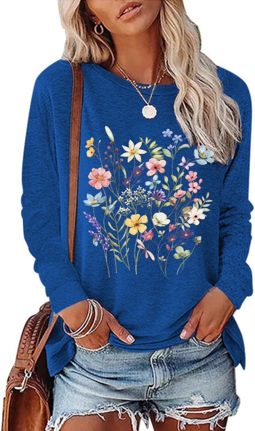 Women's Vintage Floral T Shirt Boho Wildflower Graphic Loose Tees Fall Long Sleeve Blouse Shirts Casual Tunic Tops