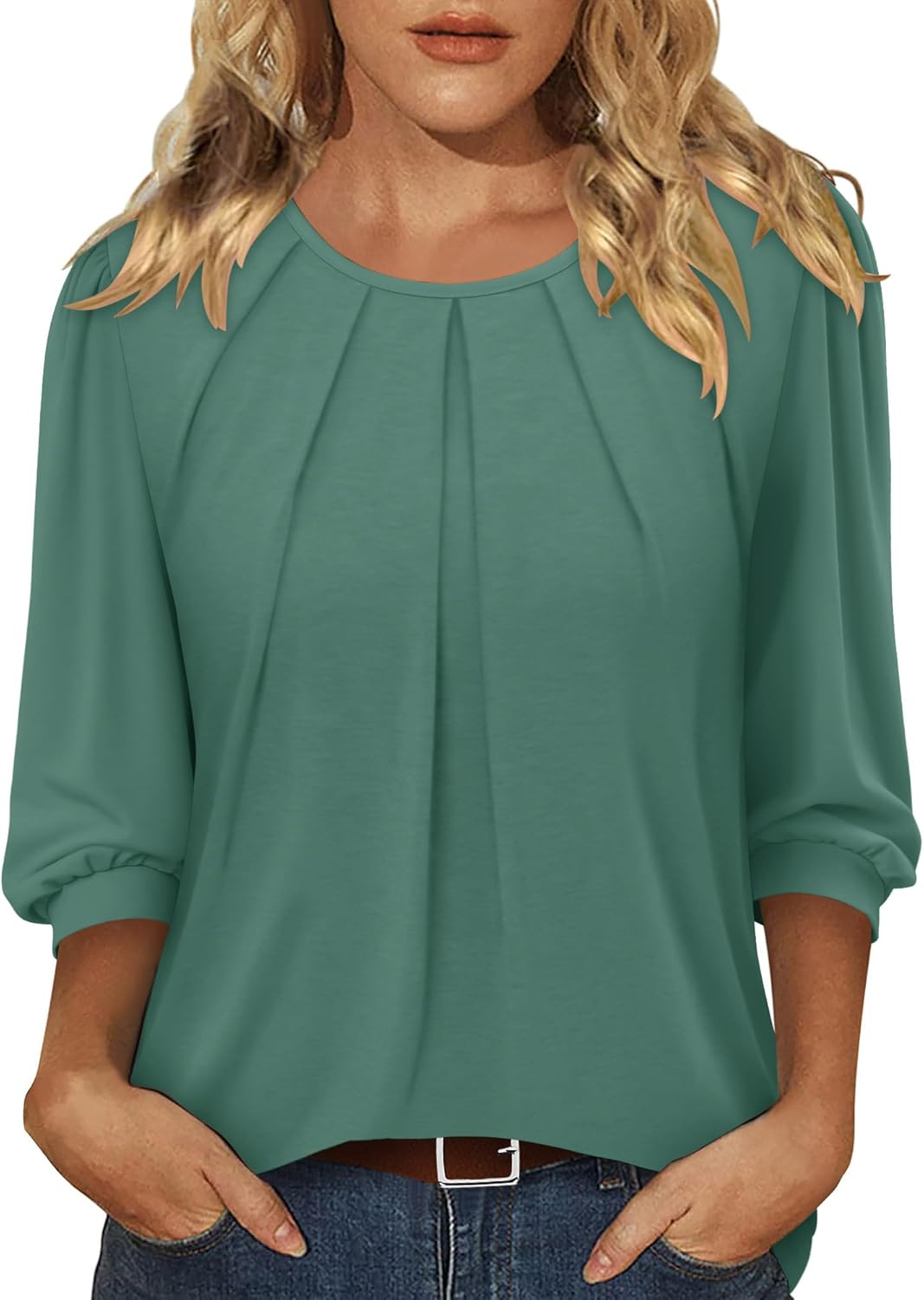 CRAZY GRID 3/4 Length Sleeve Women Tops Crewneck Pleated Cute Blouses Dressy Casual Summer T Shirts Loose Fit