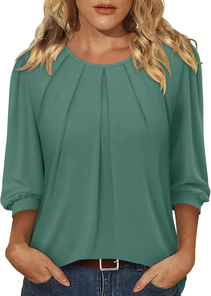 CRAZY GRID 3/4 Length Sleeve Women Tops Crewneck Pleated Cute Blouses Dressy Casual Summer T Shirts Loose Fit