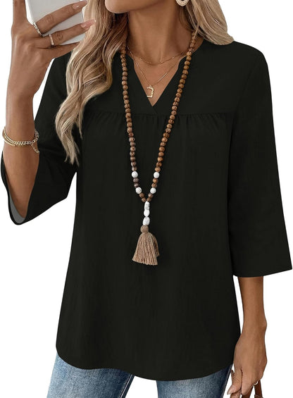Rapbin Womens 3/4 Sleeve V Neck Boho Pleated Blouses for Women Dressy Casual Loose Fit Tops