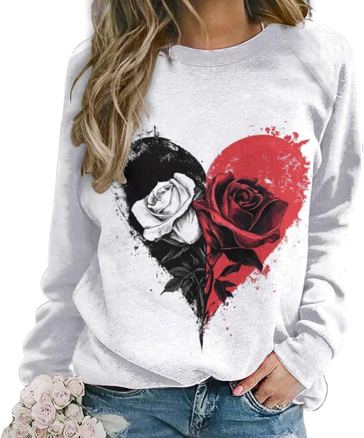 LOAIHA Valentine's Day Sweatshirt Women Flower Love Heart Graphic Shirts Long Sleeve Crewneck Sweatshirts Y2k Hoodie