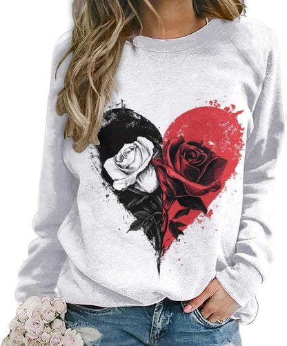 LOAIHA Valentine's Day Sweatshirt Women Flower Love Heart Graphic Shirts Long Sleeve Crewneck Sweatshirts Y2k Hoodie