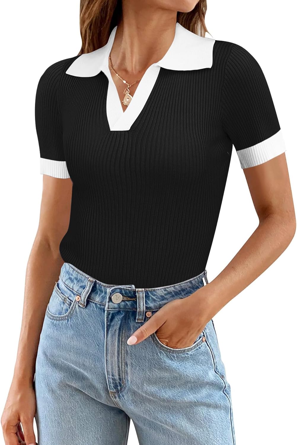 Ivicoer Womens V Neck Sweaters Dressy Casual Short Sleeve Sweater Slim Fit Lightweight Knit Tops