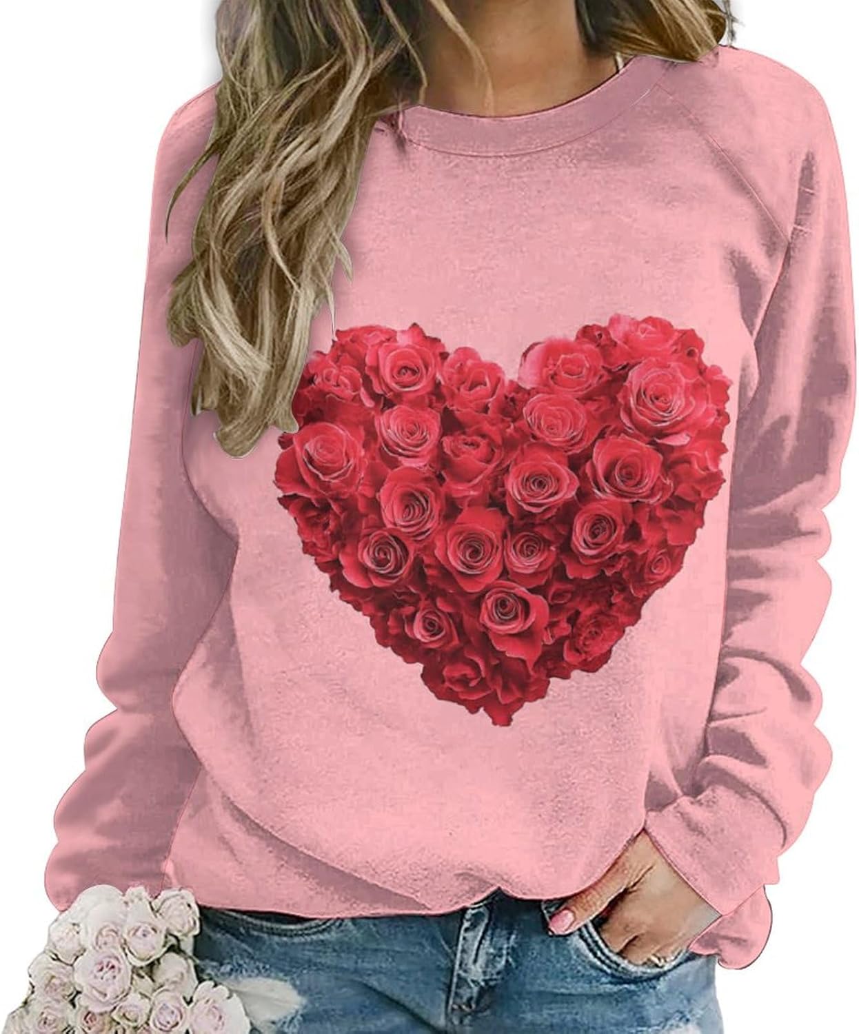 LOAIHA Valentine's Day Sweatshirt Women Flower Love Heart Graphic Shirts Long Sleeve Crewneck Sweatshirts Y2k Hoodie
