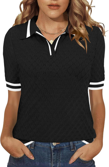Rapbin Womens Short Sleeve Knit Polo Shirt Summer Spring Lightweight Sweater Top Business Casual