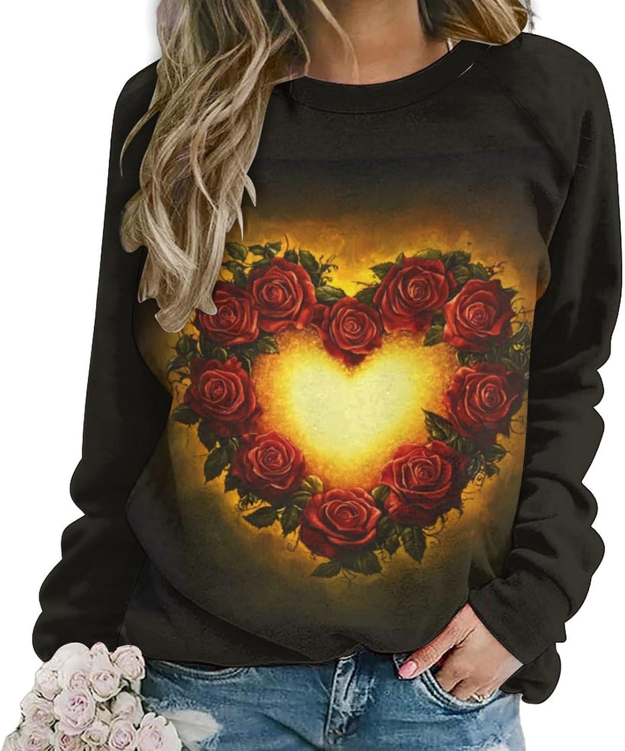 LOAIHA Valentine's Day Sweatshirt Women Flower Love Heart Graphic Shirts Long Sleeve Crewneck Sweatshirts Y2k Hoodie