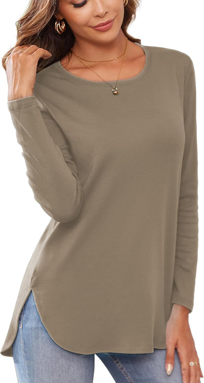 Herou Women's Casual Long/Short Sleeve T Shirt Crewneck with Side Split Fall Pullover Loose Tunic Sweater Tops