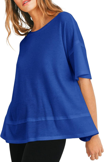 Tankaneo Womens Oversized Knit Tunic Tops Summer Casual Short Sleeve Round Neck T Shirt Loose Fit Side Split Waffle Tees