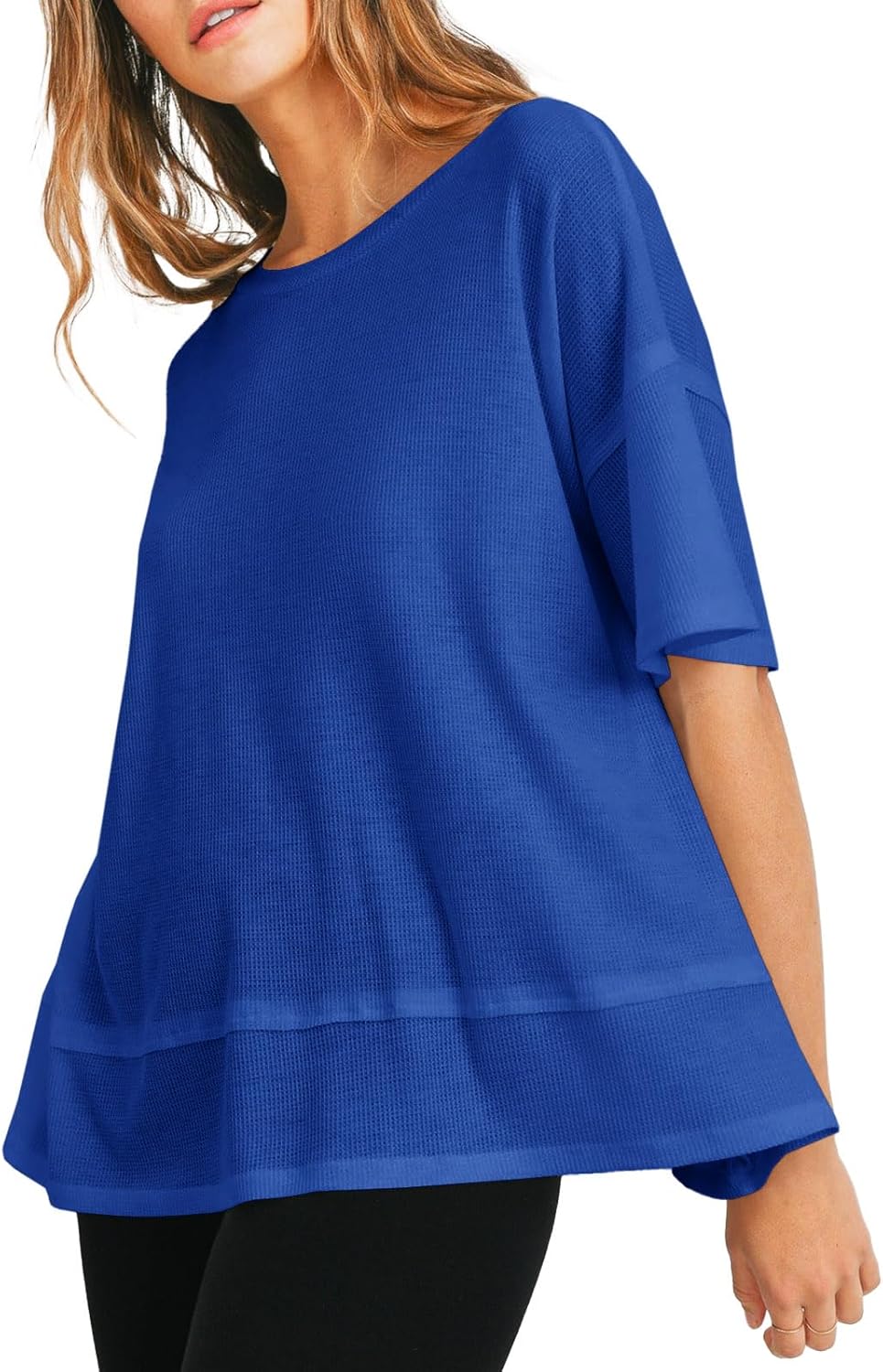 Tankaneo Womens Oversized Knit Tunic Tops Summer Casual Short Sleeve Round Neck T Shirt Loose Fit Side Split Waffle Tees