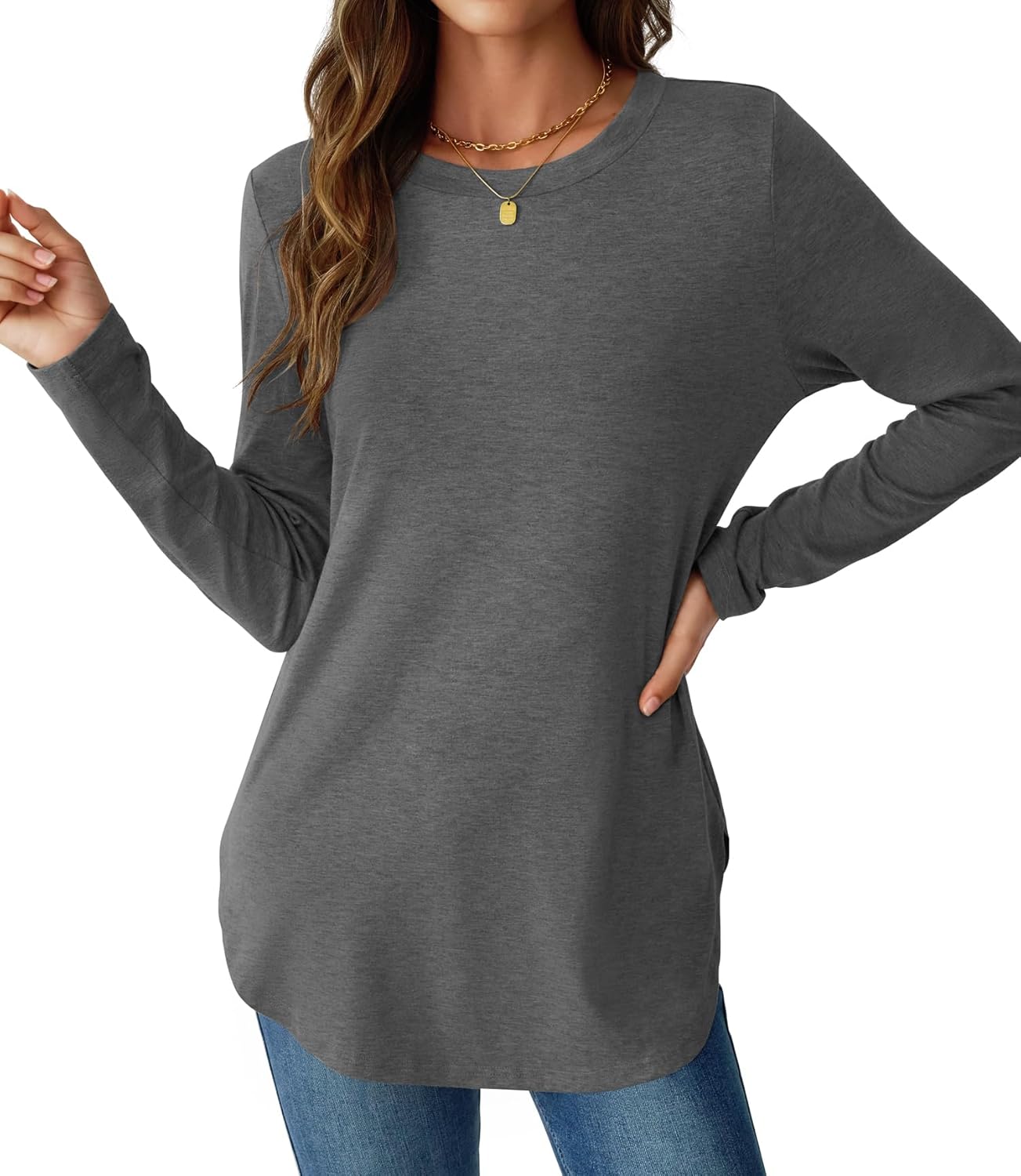 NORACORA Women Long Sleeve Shirts Loose Tunic Crew Neck Lightweight Side Split Casual 2026 Spring Trendy Basic Tshirts Blouse