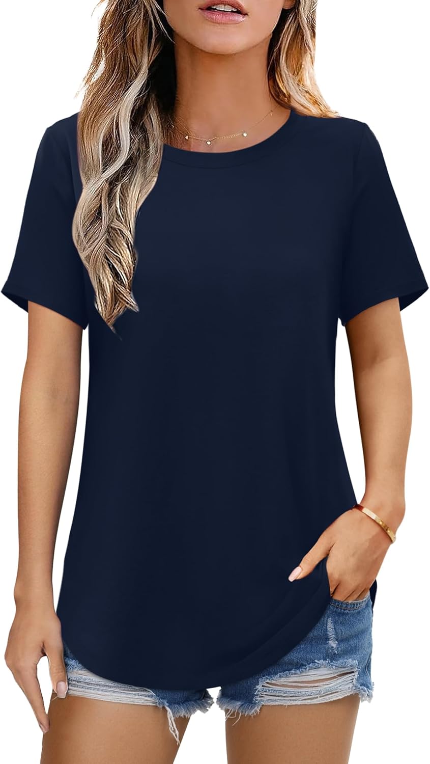 Elesomo Womens Shirts Casual Crew Neck Short/Long Sleeve Tunic Tops Tees