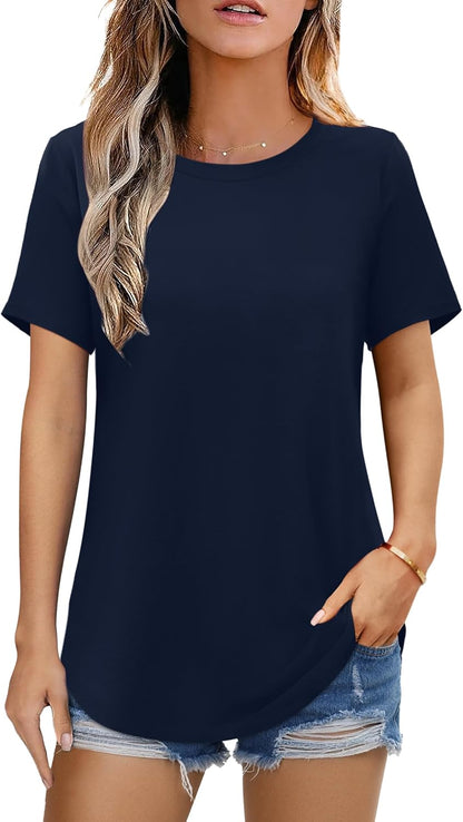 Elesomo Womens Shirts Casual Crew Neck Short/Long Sleeve Tunic Tops Tees